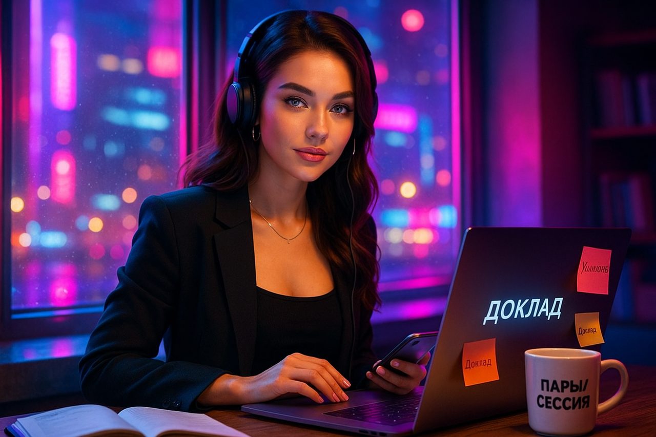 Студентка готовит доклад с ИИ: ноутбук, неон, ночной город.