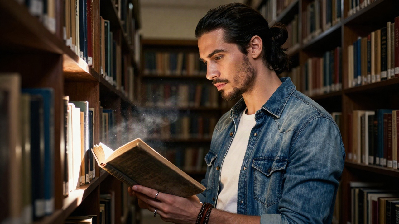 Мужчина-ученый внимательно изучает старую книгу в темной библиотеке, освещенный лучом света